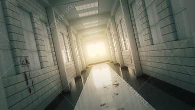 Gloomy white corridor in a psychiatry clinic. Terrible stains and traces of blood on the floor and walls. Camera