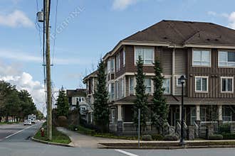 RICHMOND, CANADA - FEBRUARY 2, 2020: Architectural details of modern townhouses Alder street