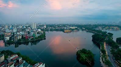 Skyline of Hanoi  and Joan Kiem lake Vietnam Asia on sunset