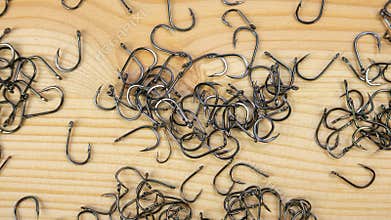 Fishing tackle on wooden brown