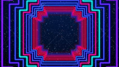 Unique Abstract Colorful Square Lines Geometric Tunnel Glowing Neon Light Pattern Against Dark Blue Glitter Starry Sky