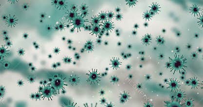 3D rendering animation, light green coronavirus cells covid-19 influenza flowing on abstract green background with white cells as