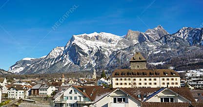 Winter mountain landscape view of idyllic historic city of Maienfeld in Switzerland