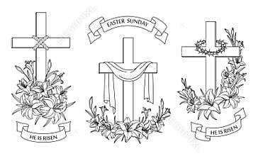 Cross with lilies. Religious Christian Easter Symbol
