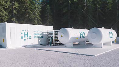 Hydrogen gas to clean electricity facility situated in forest environment.