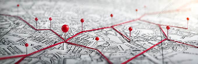 Routes with red pins on a city map.