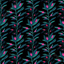 Abstract leaf seamless pattern on black background. Wild berry endless wallpaper