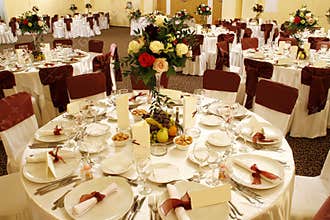Wedding table in banquet ballroom interior