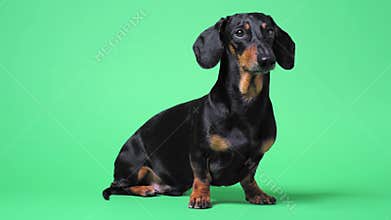 Close up portrait of cute little black and tan dachshund on green chromakey background, turning its head from side to side and
