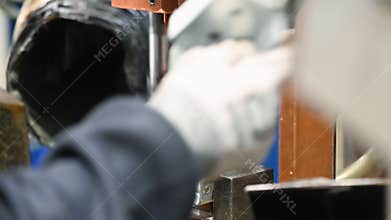 Spot welding machine Industrial automotive part in factory.