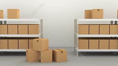 Warehouse with shelves and boxes