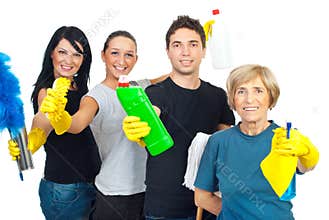 Cheerful cleaning service workers team