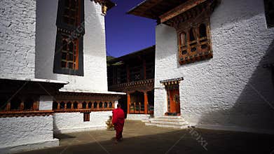 Temple and religious prayer flags in valley, Bhutan