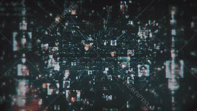 A social network with a stream of unrecognizable people portraits connected by dark blue network grid in black