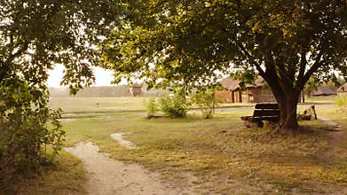 Rural wooden bench in the village.