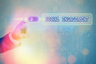 Conceptual hand writing showing Social Engagement. Business photo text Degree of engagement in an online community or society