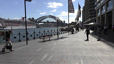 Pedestrians circular quay Sydney cruise ship bridge