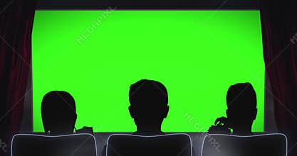 Cinema curtain opens in front of silhouettes of people looking at green screen