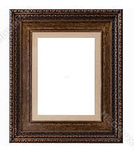Beautiful golden picture frame vintage carved gilded border antique for interior decoration on white background, Concept gallery