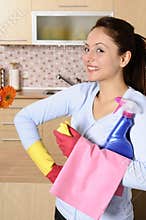 Happy beautiful women after cleaning the house