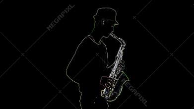 Outline silhouette of saxophonist silhouette playing a musical instrument isolated on a black background
