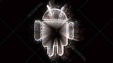 4k Android operating system word brand robot Logo,Matrix binary computer code.