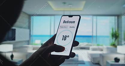 Smart home technology interface on smartphone app screen with augmented reality view of internet of things connected