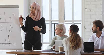Smiling skilled arabic businesswoman presenting ideas on flipchart.