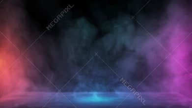 Liquid smoke falling down on surface in colored lights. Dry ice drop spreading on floor