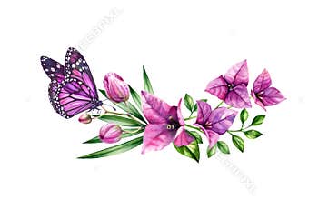 Watercolor bougainvillea bouquet with butterfly. Purple flowers, violet monarch and palm leaves. Hand painted floral