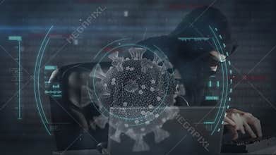 Animation of a hacker hooded man wearing glasses over a macro coronavirus COVID-19 cell analyzed