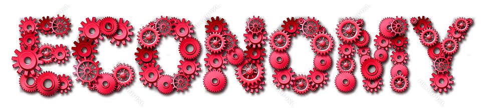 Red economy text symbol with gears and cogs