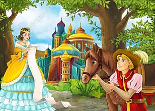 Cartoon nature scene with prince and princess and on journey