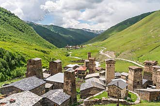 Ushguli village, highest sattlement in Europe in summer season, Svaneti region in Georgia