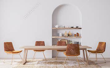 Interior design of modern dining room with orange furniture, Scandinavian style