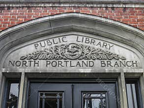 Entry portal with Public Library inscription, Portland Oregon, North Portland Branch library