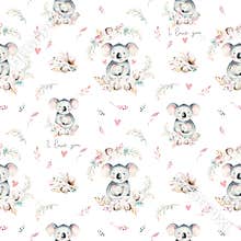Watercolor cute cartoon little baby and mom koala with floral wreath seamless pattern. tropical fabric background