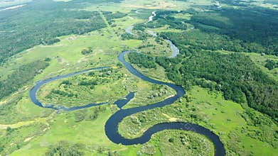 Aerial View Of Summer River Landscape In Sunny Summer Day. Top View Of Beautiful European Nature From High Attitude In