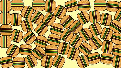 Burgers falling from above, abstraction on a yellow background, fills the space with food