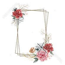 Halloween watercolor frame. Wedding invintation gotick bridal shower. Dried flowers. Halloween holiday illustration.