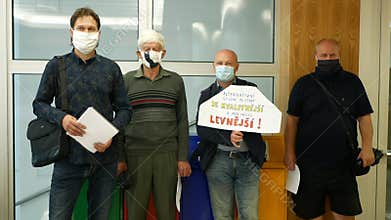OLOMOUC, CZECH REPUBLIC, JUNE 29, 2020: Coronavirus mask face Czech activist people team council demonstration, activism