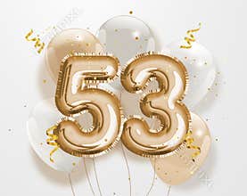 Happy 53th birthday gold foil balloon greeting background.