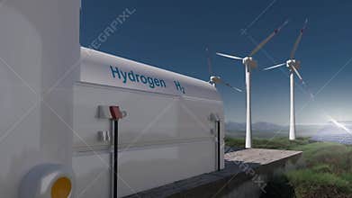 Hydrogen renewable energy production - hydrogen gas for clean electricity solar and windturbine facility. 3d rendering