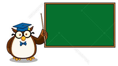 Wise Owl Teacher Cartoon Character In Front Of School Chalk Board With Text
