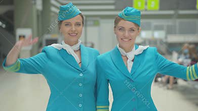 Middle shot of two positive confident Caucasian stewardesses in blue uniform saluting and smiling at camera. Portrait of