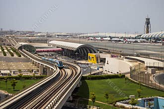View of a Dubai international Airport, terminal 3. Terminal 3 metro station. Airport road. UAE