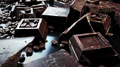 Dark organic chocolate and coffee beans on concrete background
