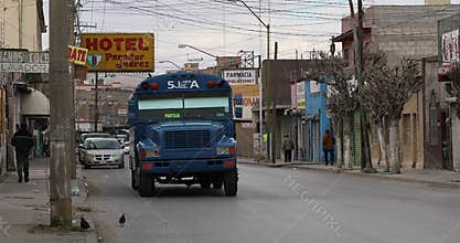 Ciudad Juarez Mexico back street blue bus 4K