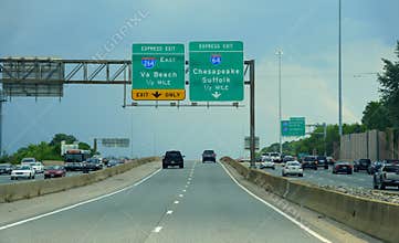 Virginia, U.S - July 1, 2020 - The express exit signs towards Interstate 64 to Chesapeake and Suffolk and Interstate 264 East to