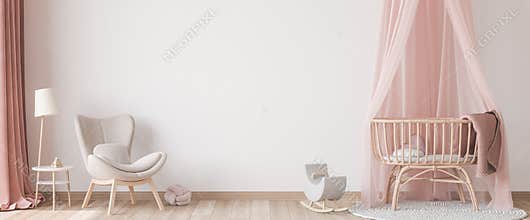 Panoramic interior for baby`s room Scandinavian style, rattan crib with pink canopy